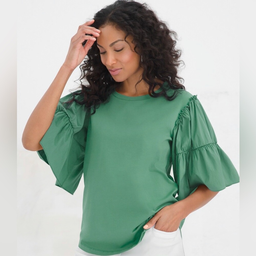 Chico’s Knit And Woven Tiered-Sleeve Top size 0 Small / Medium Envy Green